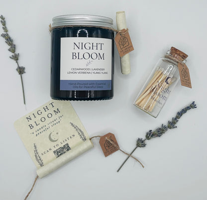 Night Bloom | Essential Oil Soy Candle with Restful Spotify Playlist | Handmade on the Isle of Wight