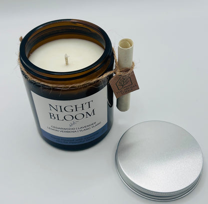 Night Bloom | Essential Oil Soy Candle with Restful Spotify Playlist | Handmade on the Isle of Wight