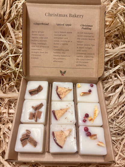 Box of Christmas-themed soap bars with descriptions on a straw background