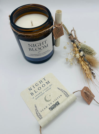 Night Bloom | Essential Oil Soy Candle with Restful Spotify Playlist | Handmade on the Isle of Wight