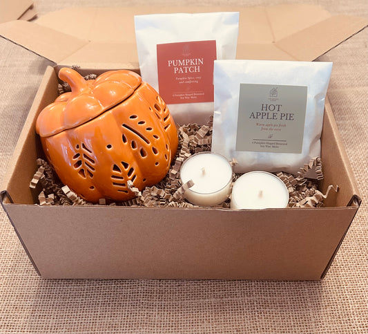 Pumpkin Autumn Gift Set – Ceramic Pumpkin Burner & Mix & Match Autumn Soy Wax Melts | The Aroma Lodge