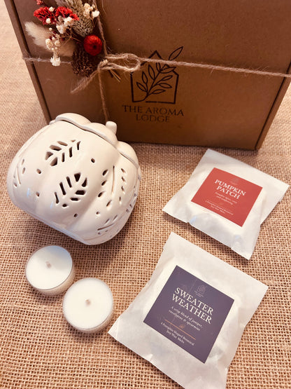 Pumpkin Autumn Gift Set – Ceramic Pumpkin Burner & Mix & Match Autumn Soy Wax Melts | The Aroma Lodge