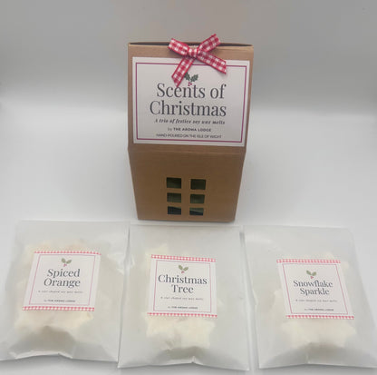 Box of 'Scents of Christmas' with three individual wax melt packages on a white background